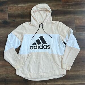 ADIDAS Men’s Sweatshirt Size Large Beige & White Hoodie Graphic Logo Fleece